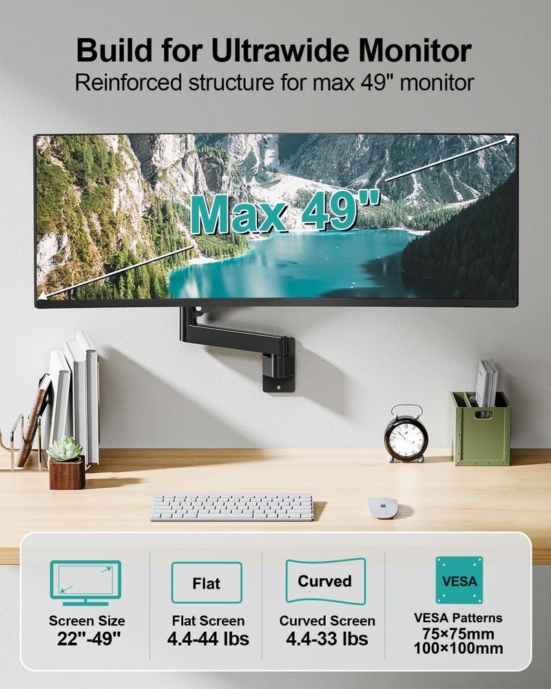 MOUNT PRO Monitor Wall Mount for 22"-49" Ultrawide Flat & Curved Screens, Heavy Duty Single Wall Mount Monitor Arm Holds up to 44 lbs, Full Motion Adjustable Wall Bracket, VESA Mount 75x75mm/100x100mm - Image 2